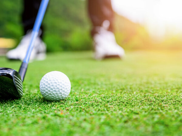 Close up golf ball on green grass field